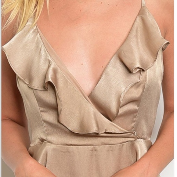 NWT Champagne Mocha Ruffle Satin Party Dress - Picture 3 of 3